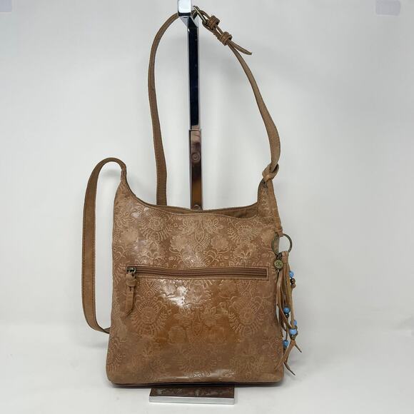 The Sak Huntley Leather Crossbody Tobacco Floral Embossed Beaded Tassel Fringe - Picture 1 of 13